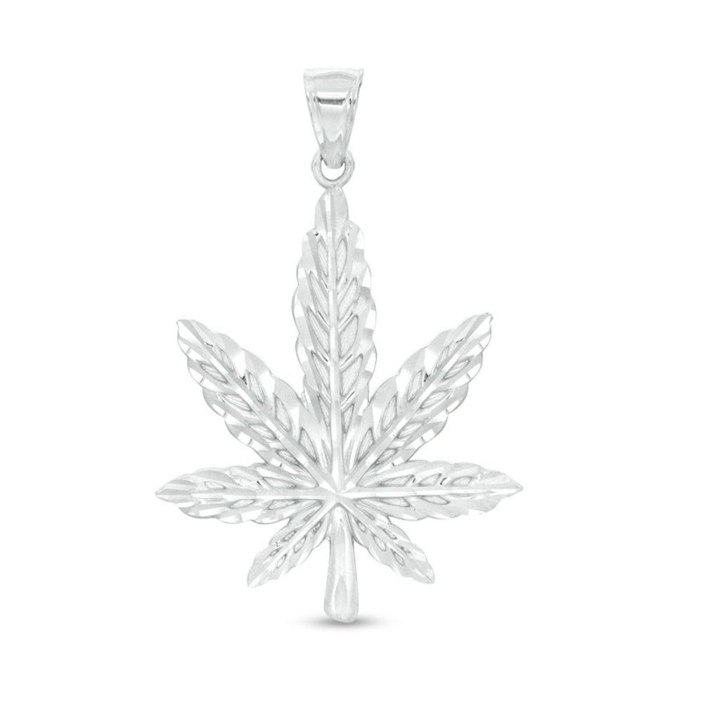 Large Diamond-Cut Cannabis Leaf Necklace Charm in 10K White Gold